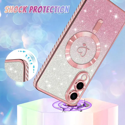 Vista 659 de Bonoma - Funda compatible con Samsung Galaxy S21 Plus, diseño de corazón con purpurina, color rosa Support for MagSafe, Plating Magnetic Case TPU