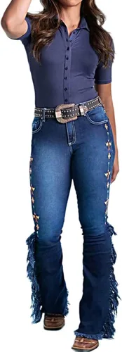 Vista 4 de Flamingals Jeans de corte de bota con dobladillo sin procesar con flecos laterales bordados para mujer, sin cinturón, pantalones casuales