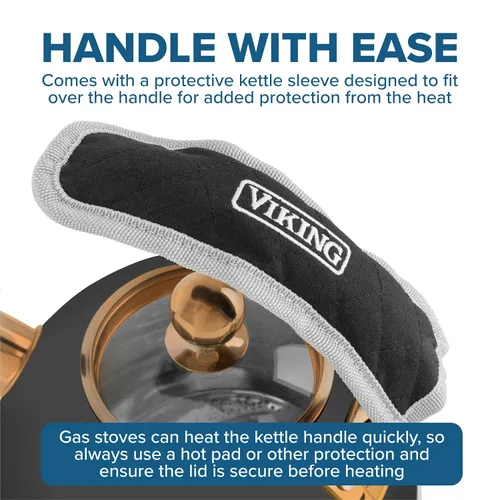 Vista 5 de Tetera de acero inoxidable Viking de 3 capas, 2.6 cuartos de galón para estufa con tapa de vidrio templado, mango ergonómico, lista para inducción
