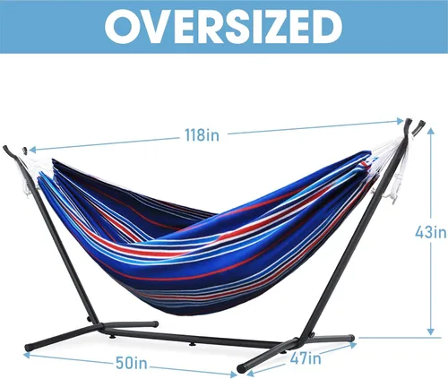 Vista 2 de Hamaca doble ajustable de capacidad de 550 libras con soporte de acero resistente de 10 pies, incluye funda de transporte portátil, fácil de Azul
