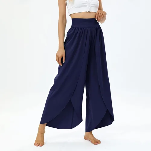 Vista 8 de Bemona Pantalones de pierna ancha para mujer, pantalones de yoga de cintura alta con aberturas, pantalones casuales de playa palazzo para mujer