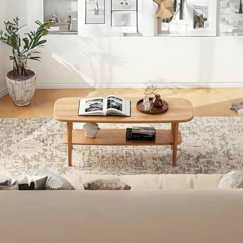 Vista 3 de Mesa de centro 100% madera de roble maciza con estante abierto, mesa de centro ovalada estrecha para espacios pequeños, sala de estar