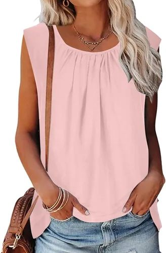 Vista 4 de ZZWXWA Women Shirts Flowy Sleeveless Cotton Linen Shirts Tunic Tops to Wear with Leggings Loose Fit Solid Round Neck T-Shirt