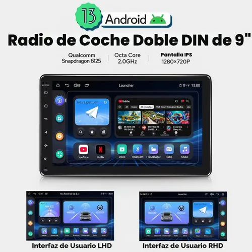 Vista 2 de JOYING Radio de coche doble DIN 9 pulgadas pantalla táctil estéreo Android 13 unidad principal 4GB+64GB con Android Auto/Carplay/Mirror