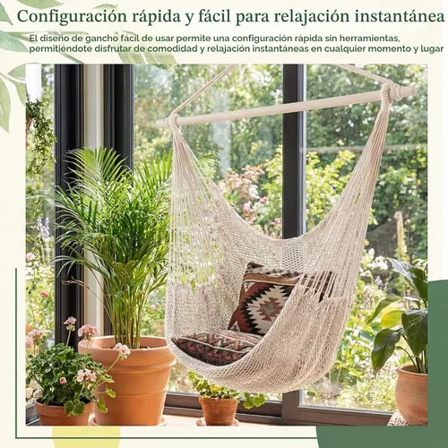Vista 5 de Barydat 2 sillas colgantes tipo hamaca estilo bohemio, para exteriores e interiores, cómoda cuerda de algodón suave, con barras de metal Beige