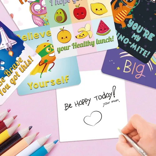 Vista 3 de Shemira Paquete de 100 notas para lonchera para niños, tarjetas de afirmación inspiradoras para niñas y niños, tarjetas motivacionales para niños