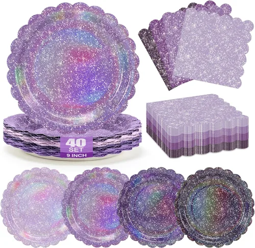 Vista 11 de Blue Iridescent Plates and Napkins Set for Birthday Baby Shower,40 Guests Disposable Light Blue Holographic Tableware Include 9" Gradient