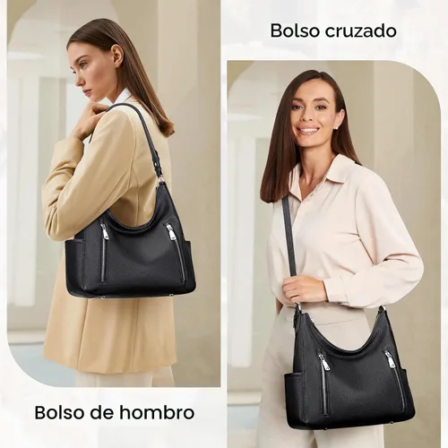 Vista 2 de Over Earth Monederos de cuero genuino Bolso de hombro tipo hobo mediano 01-Negro