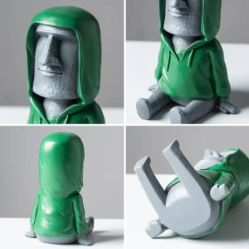 Vista 4 de Decoración de estatua Moai de Isla de Pascua con soporte para teléfono inteligente, escultura de figura retro para oficina en casa con soporte