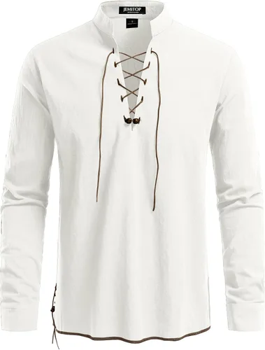 Vista 63 de JEMITOP Men's Pure Cotton Renaissance Lace Up Shirt Verde militar