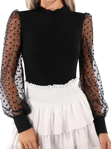 Vista 2 de MANGOPOP Women's Bodysuit Ruffle Mock Turtle Neck Polka Dot Sheer Mesh Long Sleeve Blouse Body Suit Tops