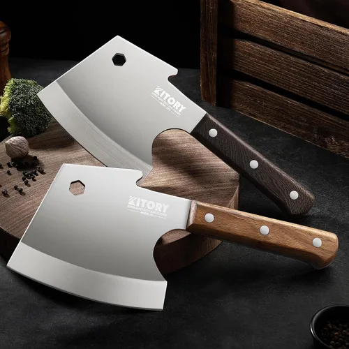 Vista 6 de Kitory Cuchilla de carne, cuchillo de corte de huesos resistente, hoja súper gruesa en forma de hachas de espiga completa, rompe huesos, cuchillo