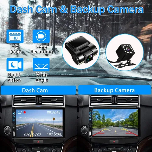 Vista 2 de Leadfan Estéreo de coche de doble DIN con cámara de tablero, receptor de audio de 7 pulgadas con pantalla táctil Full HD compatible con Carplay