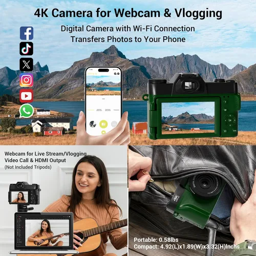 Vista 8 de Cámara digital de 75 MP, cámara de vlogging WiFi 4K con pantalla abatible de 180° de 3.0 pulgadas, cámara compacta de enfoque automático de 16X