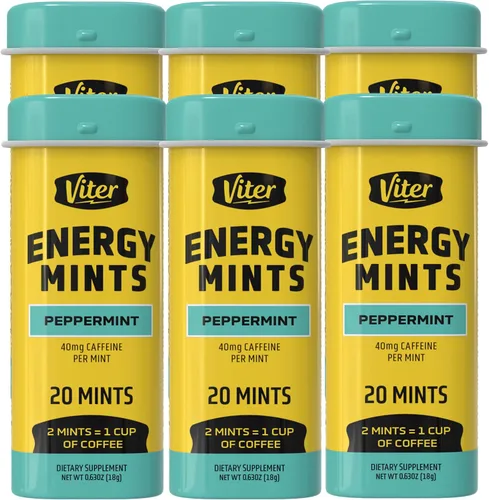 Vista 13 de Viter Energy Mentas con Cafeína 40mg de Cafeína, Vitaminas B, Sin Azúcar. (Menta Chocolate, 20 piezas, Paquete de 6)
