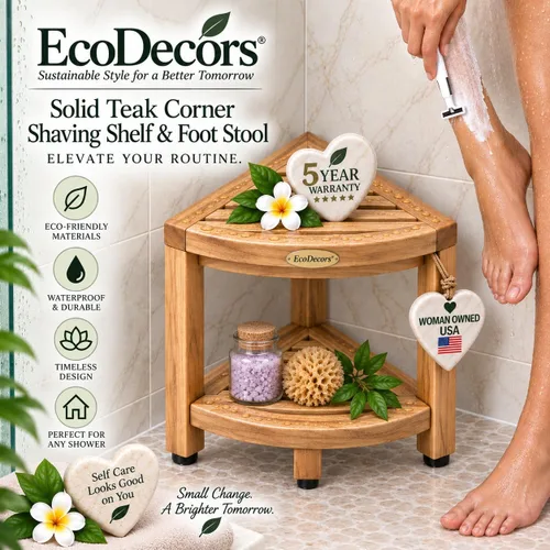 Vista 6 de Esquinero earthyteak ™. Totalmente montado. Esquinero de 2 niveles, de teca compacta. Banco de pie para ducha con estante. Almacenamiento