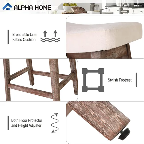 Vista 5 de ALPHA HOME Taburete de bar, taburete de cocina de silla de montar de madera maciza con cojín de tela de lino beige, taburete de bar de altura