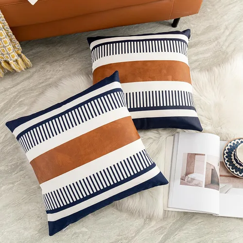 Vista 2 de Juego de 2 fundas de almohada decorativas de 20 x 20 pulgadas, estilo bohemio, a rayas, para sofá, cama, sala de estar, color azul marino