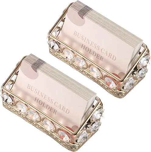 Vista 9 de Hipiwe Paquete de 2 soportes para tarjetas de visita de cristal de metal dorado para escritorio, oficina, organizador de almacenamiento de tarjetas