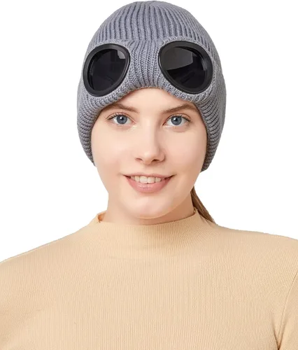 Vista 5 de JUQLQUJ Gorro con gafas para hombre y mujer, unisex, de punto de calavera lisa