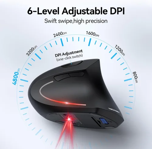 Vista 4 de TECKNET Ratón Ergonómico, Ratón Vertical Inalámbrico Bluetooth, Seguimiento Óptico 4800 DPI, 6 DPI Ajustables, Clics Silenciosos, 2.4GHz