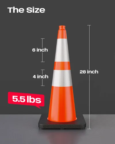 Vista 7 de BATTIFE Conos de tráfico de 28 pulgadas con base ponderada negra, conos de seguridad de PVC naranja para control de tráfico, eventos