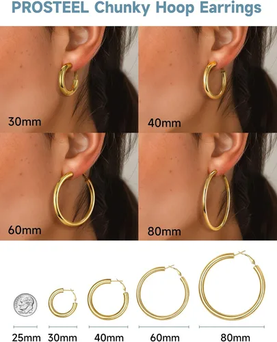 Vista 4 de Aretes de aro gruesos de acero inoxidable para mujer, minimalistas y elegantes, chapados en negrooro, aretes redondos hipoalergénicos, tamaño 1.181