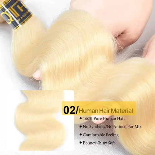 Vista 4 de QTHAIR Extensiones de cabello humano brasileño ondulado de grado 18A #613 con cierre de encaje HD 4x4