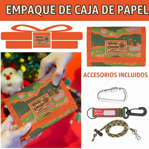 Vista 8 de Rough Enough - Cartera para niños y adolescentes, con correa y cordón, llavero camuflado, Camuflaje anaranjado, Cartera Trfiold de camuflaje