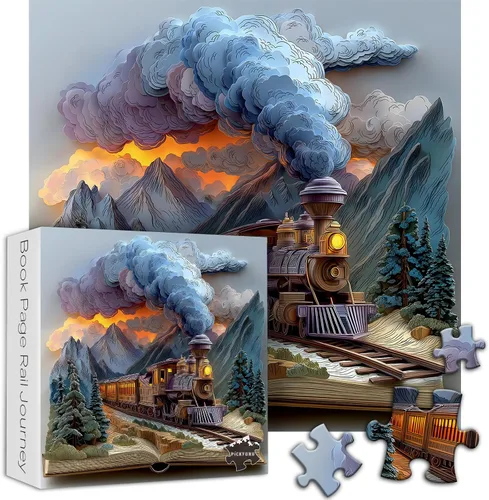 Vista 2 de Rompecabezas de 1000 piezas con libro de tren para adultos, de fantasía, naturaleza, paisaje, arte estético, arte estético, páginas mágicas