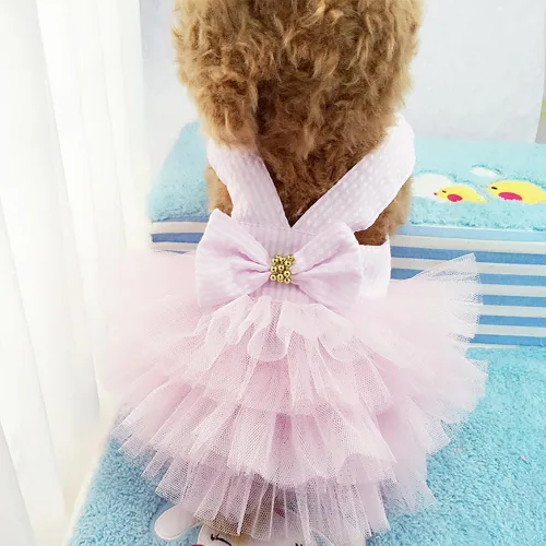Vista 2 de Ropa para perro, arnés y vestido, paquete de vestidos Yorkie para niña, vestido rosa, trajes azules, lindo juego de correa, talla XS