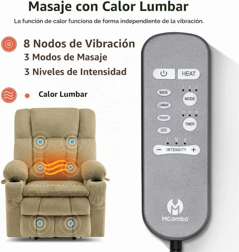 Vista 6 de MCombo Silla reclinable eléctrica de motor dual con masaje y calor para personas mayores, posición infinita, puertos USB, portavasos, tela 7890 Beige