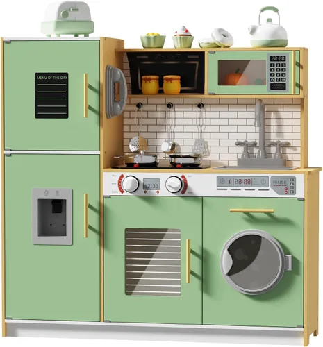 Vista 7 de Babytronic Juego de cocina de madera para niños, cocina de juego interactiva con luces y sonidos, juego de cocina de juguete para niños con grifo