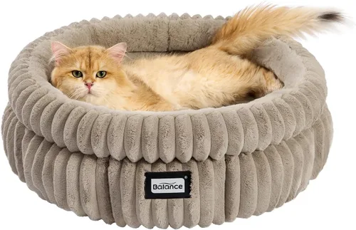 Vista 11 de BALANCE Cama para gatos, cama redonda lavable para gatos de interior, cama de felpa súper suave de piel sintética para cachorros y gatitos con parte