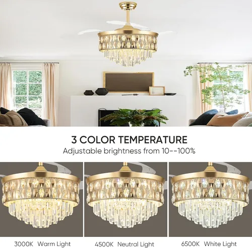 Vista 4 de Ventilador de techo de 52 pulgadas con luz, ventilador de araña, dorado K9 crystal, dimmable 3CCT LED, 6-speed quiet DC motor, memory and timer