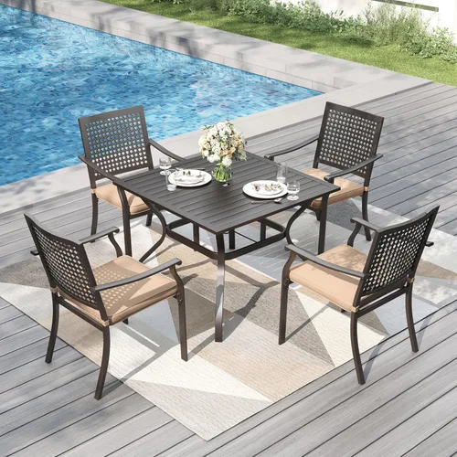 Vista 15 de PHI VILLA Juego de comedor al aire libre de 5 piezas para 4, sillas apilables con cojines y mesa cuadrada de madera de 37 pulgadas con agujero