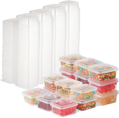 Vista 2 de Recipientes de 3.4 fl oz y 2 onzas con tapas (paquete de 200), pequeños recipientes de plástico para condimentos con tapas, vasos de gelatina, tazas
