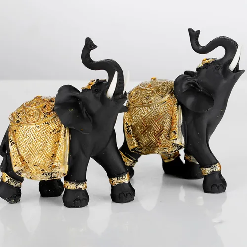 Vista 5 de Juego de decoración de elefante de la suerte con troncos – Feng Shui resina negro y dorado pareja elefante figuritas – Par de estatuas de elefantes
