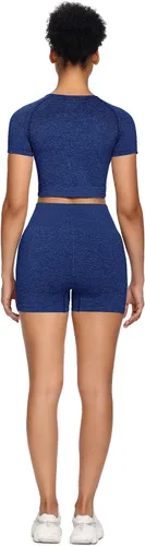Vista 6 de Sytiz Conjunto de 2 piezas de yoga sin costuras para mujer, pantalones cortos de gimnasio y camiseta corta de manga corta
