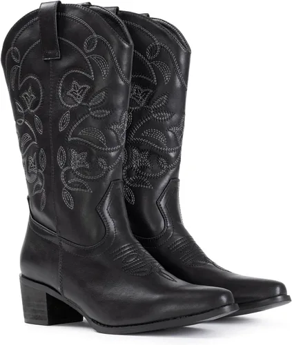 Vista 5 de IUV - Botas de cowboy para mujer, con punta puntiaguda, botas vaqueras occidentales para mujer, botas de vaquera a media pantorrilla