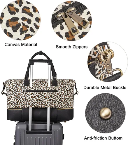 Vista 6 de CLUCI Bolsa de fin de semana para mujer, de cuero, grande, con compartimento para zapatos, Patrón de leopardo con negro