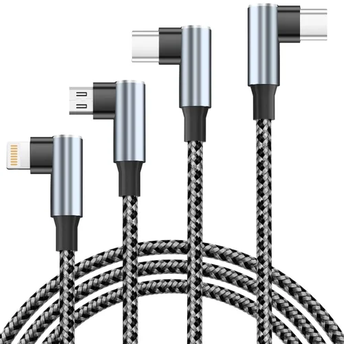 Vista 15 de Cable USB A/C a USB C en ángulo recto, cable de carga trenzado tipo C de 90 grados, cable de carga USB C 4 en 2, cable de carga universal