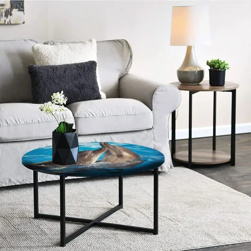 Vista 5 de Mantel redondo de vinilo ajustable, mantel de poliéster con estampado de delfín, diseño de delfines de San Valentín, bailando, se ajusta a mesas