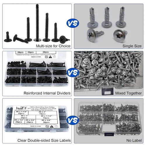 Vista 8 de Kit de surtido de 140 piezas de tornillos negros autoperforantes para metal, tornillos TEK autorroscantes de cabeza de armadura modificada de 8# x