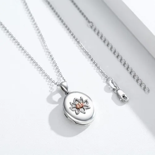 Vista 8 de Locket Necklace Sterling Silver MoonstoneLotus Pendant That Holds Pictures Meditation Locket Necklace Memory Jewelry Mother's Day Gifts for Women Mom