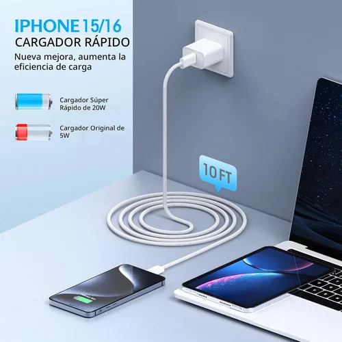 Vista 2 de Cargador de carga rápida para iPhone 17 16 15, paquete de 2 cables tejidos USB C de 10 pies de largo con bloque de carga rápida USBC de 20 W