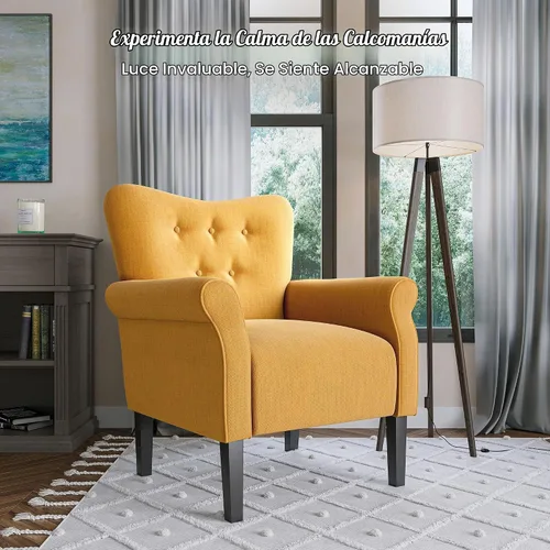 Vista 3 de BELLEZE Silla decorativa moderna, sillón de respaldo alto, silla lateral tapizada con respaldo alado, sofá individual acolchado con patas de madera