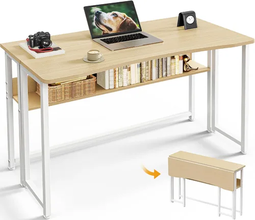 Vista 17 de Huuger Escritorio Plegable con Estante de Almacenamiento, Mesa de Computadora Plegable de 31.5 Pulgadas para Espacios Pequeños, Mesa de Sofá que