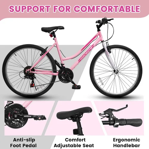 Vista 7 de Ecarpat Bicicleta de montaña para niñas y mujeres, 24/26 pulgadas, 21 velocidades, regalos de viaje de verano, bicicletas de freno en V femenino