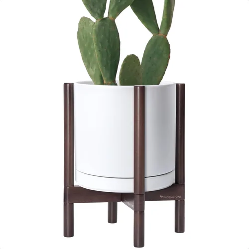 Vista 42 de D'vine Dev Maceta de cerámica con soporte de ébano – Maceta redonda moderna de 8 pulgadas con soporte para maceta de madera, color negro, 55-B-M-2